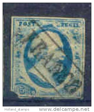 1852 Koning Willem III 5 Cent BLAUW NVPH 1 * Periode 1852  Nederland  Nr. 1 Gebruikt  * Stempel 's-GRAVENHAGE   (71) - Used Stamps
