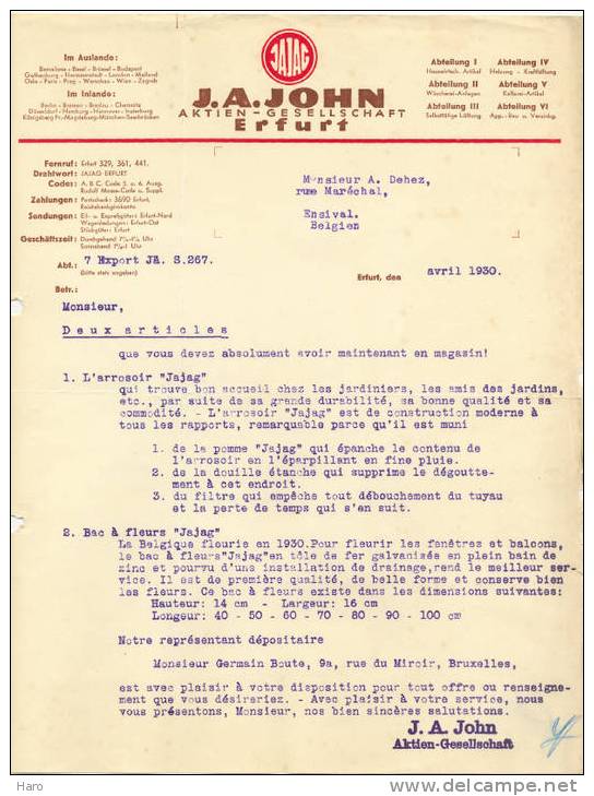 ERFURT 1930 - Brief An Titel - Firma J.A. John "JAJAG - - Autres & Non Classés