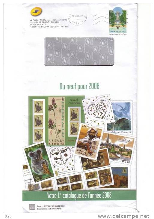 PAP DU SERVICE PHILATELIQUE AVEC FENETRE Envoi Du Catalogue 1/2008 Timbre "JARDIN DES TUILERIES" - Prêts-à-poster:Stamped On Demand & Semi-official Overprinting (1995-...)