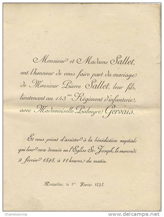 Militaire Lieutenant Au 143 ème Régiment D'Infanterie Faire Part De Mariage Montpellier 1898 - Andere & Zonder Classificatie