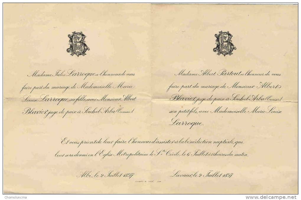 Faire Part De Mariage D'un Juge De Paix à Souk El Arba Tunisie Lavaur Albi 1897 - Other & Unclassified