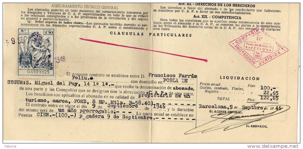3550  Póliza De Seguros 1947 Compañía CAP, Contrato - Fiscales
