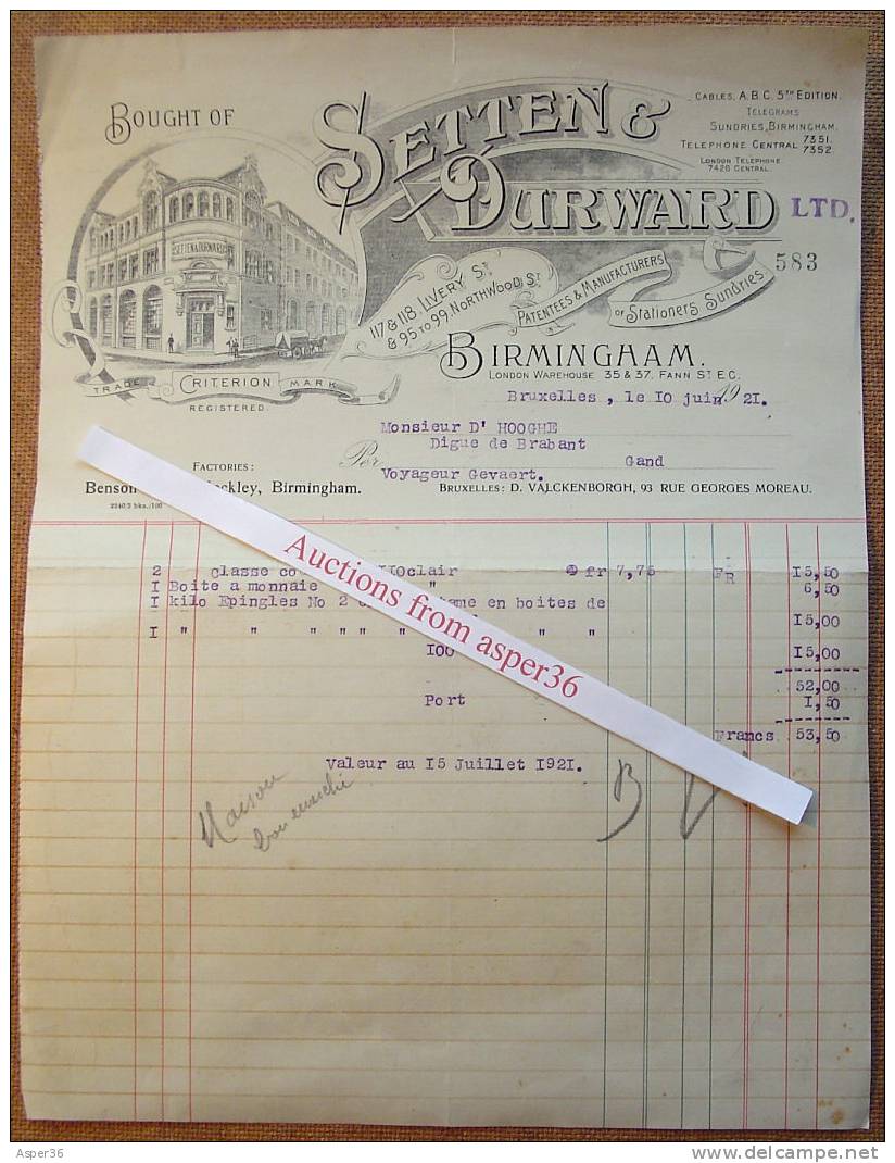 Facture "Setten & Durward, Birmingham 1921" - Royaume-Uni