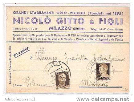 2225)cartollina Con 30c Imperiali S.F + 10c Imperiali P.M. Da Milazzo A Misilmeri Il 2-10-1945 - Marcophilie