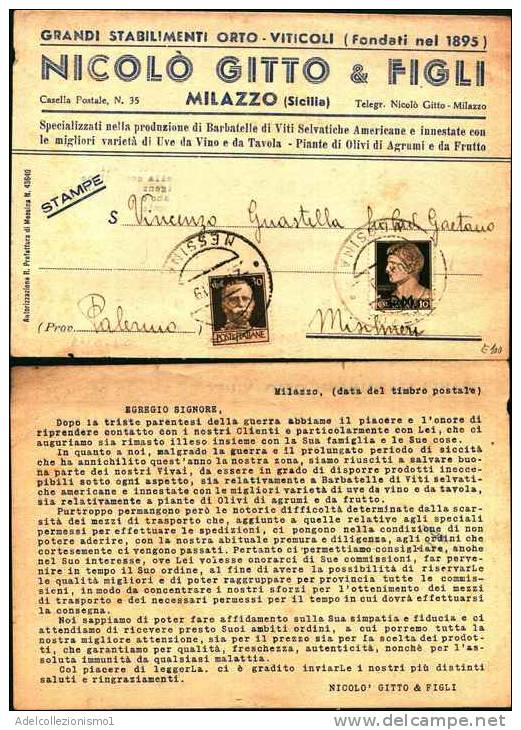 2225)cartollina Con 30c Imperiali S.F + 10c Imperiali P.M. Da Milazzo A Misilmeri Il 2-10-1945 - Marcofilie