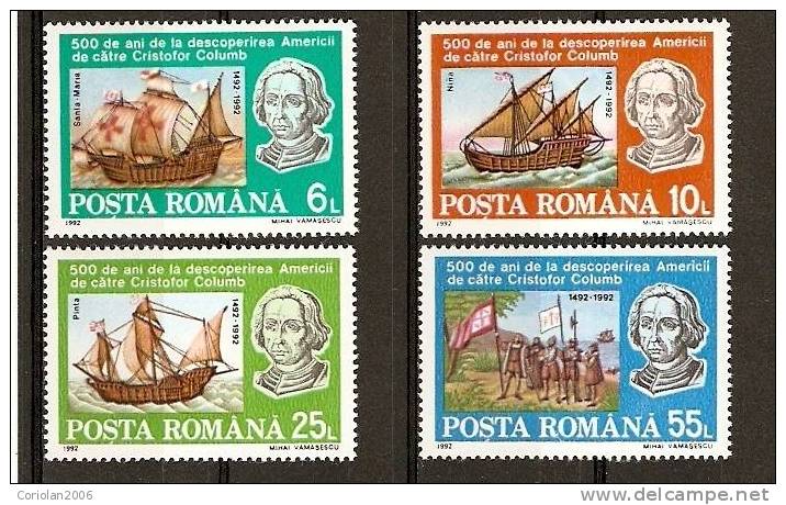 Romania 1992 MNH /  500 Years - Discovery America / Cristofor Columb / 4 Val + MS - Neufs