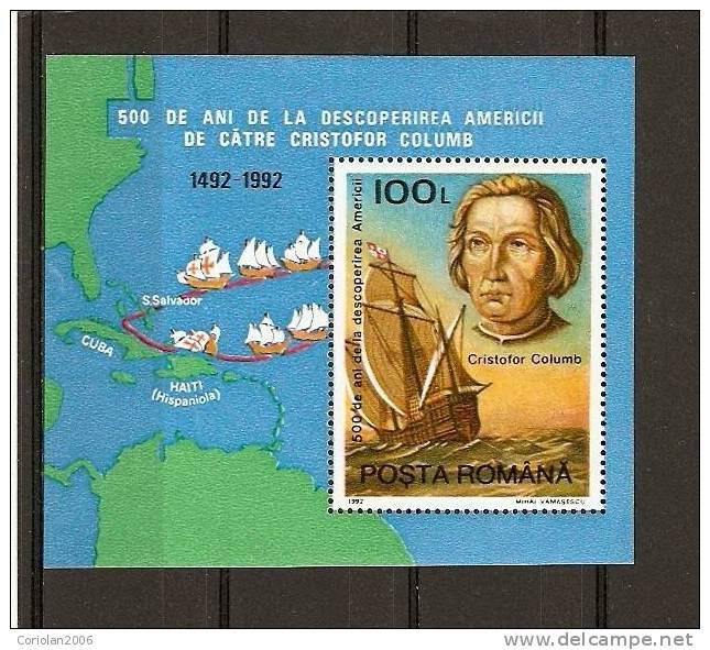 Romania 1992 MNH /  500 Years - Discovery America / Cristofor Columb / 4 Val + MS - Nuevos