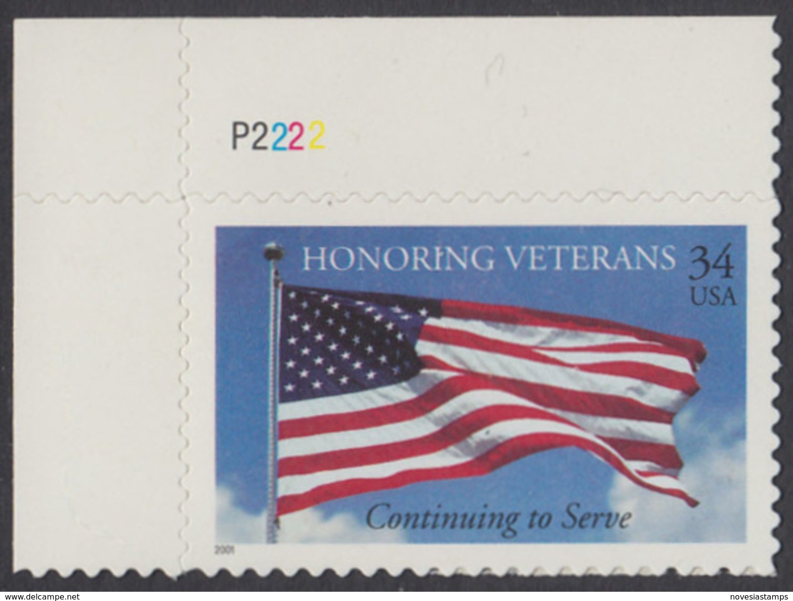 !a! USA Sc# 3508 MNH SINGLE From Upper Left Corner W/ Plate-# (UL/P2222) - Honoring Veterans - Nuovi