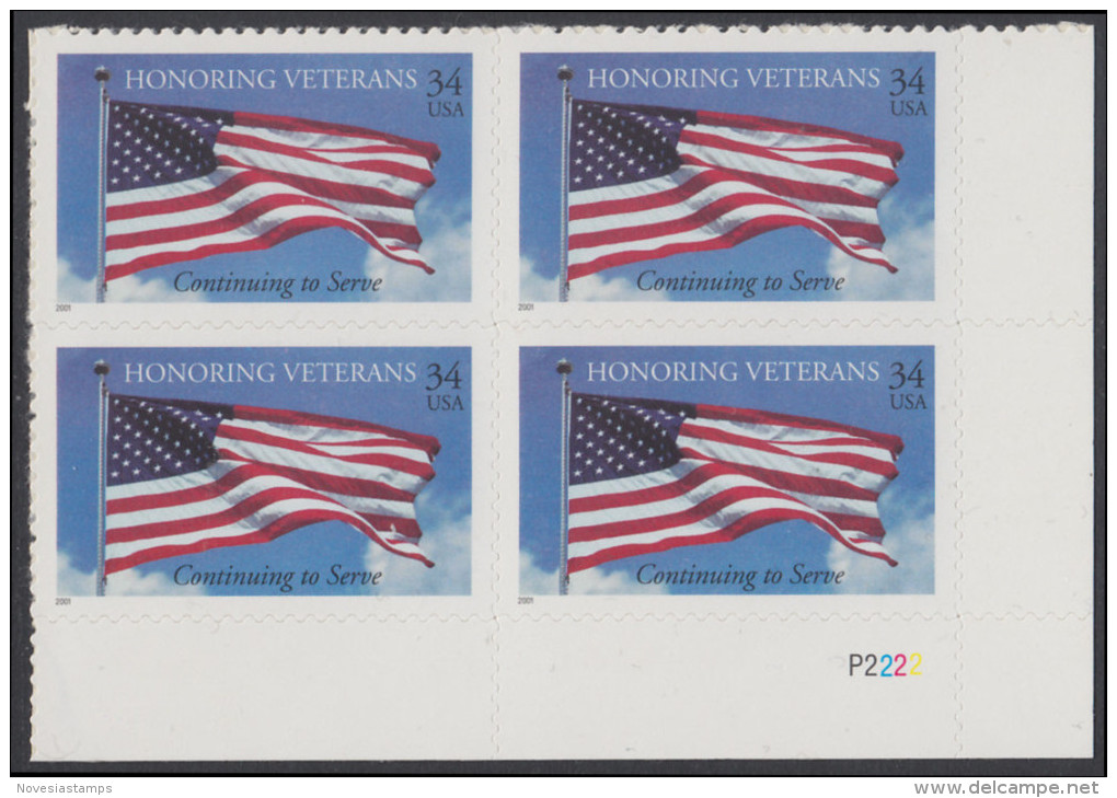 !a! USA Sc# 3508 MNH PLATEBLOCK (LR/P2222) - Honoring Veterans - Nuovi