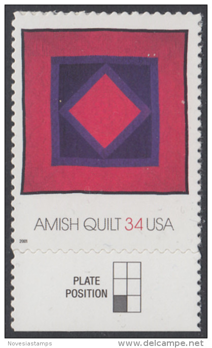 !a! USA Sc# 3524 MNH SINGLE W/ Bottom Margin - American Treasures: Quilts; Diamond In The Square - Nuevos
