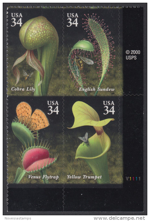 !a! USA Sc# 3528-3531 MNH PLATEBLOCK (LR/V1111) - Carnivorous Plants - Ungebraucht