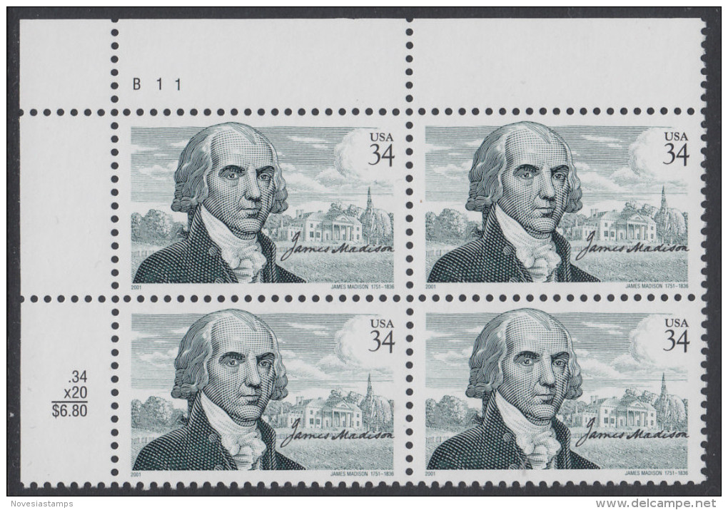 !a! USA Sc# 3545 MNH PLATEBLOCK (UL/B11/a) - James Madison - Nuevos