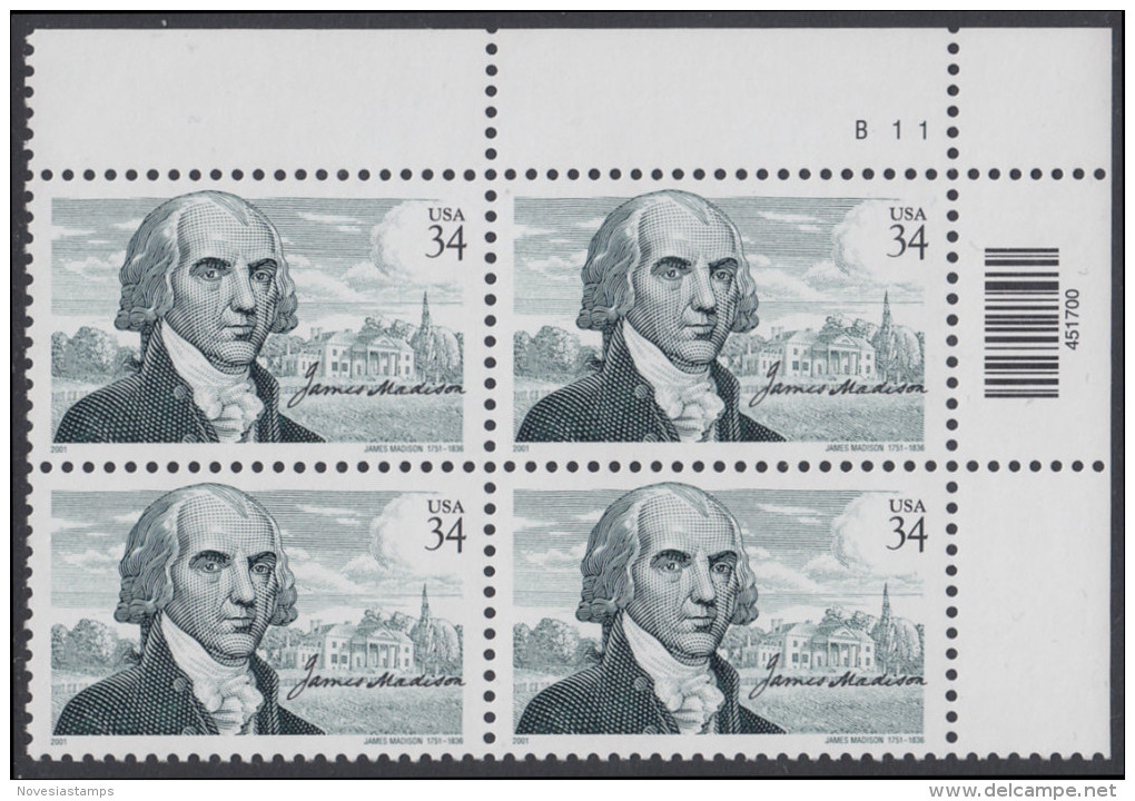 !a! USA Sc# 3545 MNH PLATEBLOCK (UR/B11/a) - James Madison - Ungebraucht