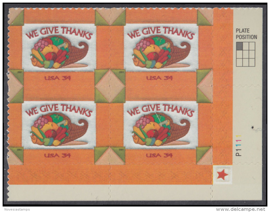 !a! USA Sc# 3546 MNH PLATEBLOCK (LR/P1111) - Thanksgiving - Nuovi