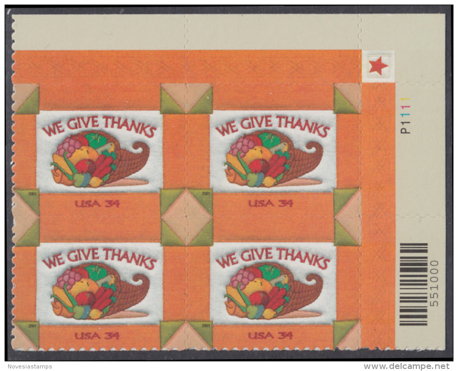 !a! USA Sc# 3546 MNH PLATEBLOCK (UR/P1111) - Thanksgiving - Ungebraucht