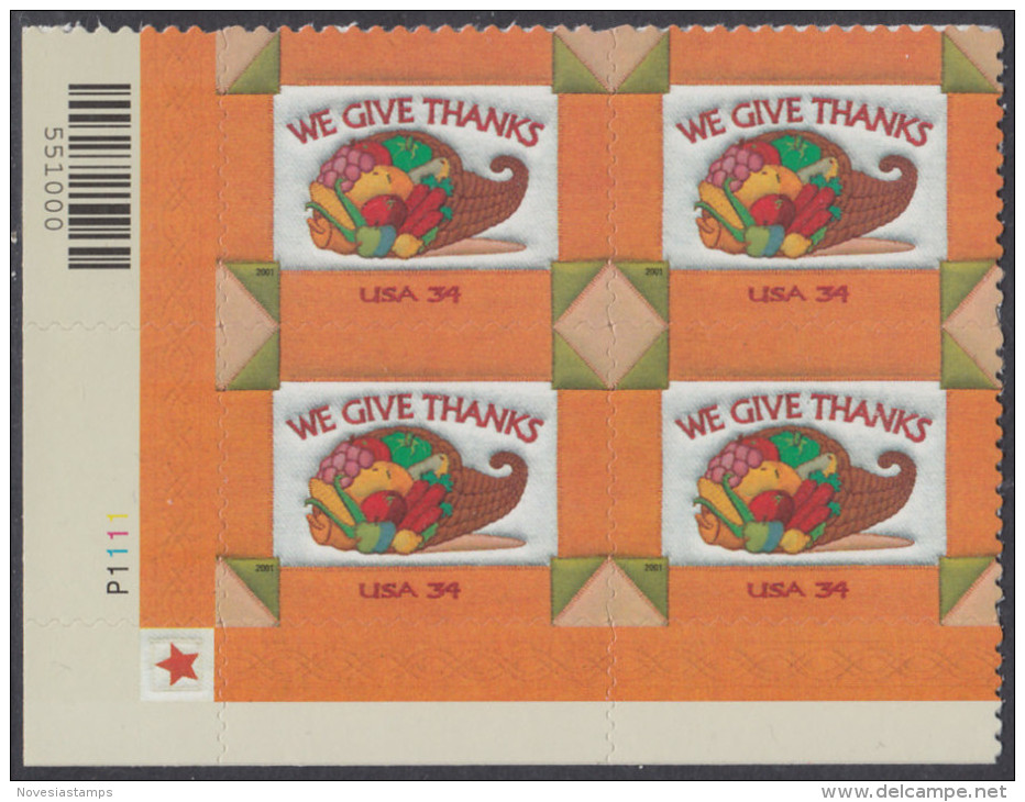 !a! USA Sc# 3546 MNH PLATEBLOCK (LL/P1111) - Thanksgiving - Ungebraucht