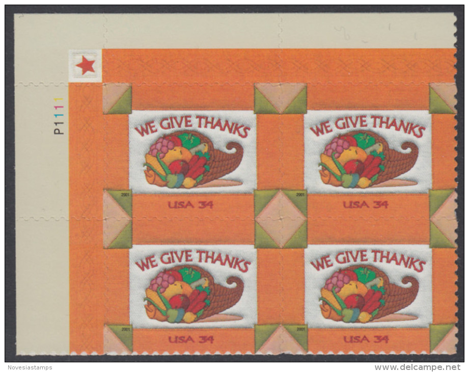 !a! USA Sc# 3546 MNH PLATEBLOCK (UL/P1111) - Thanksgiving - Ungebraucht