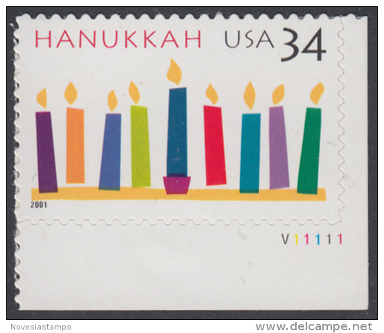 !a! USA Sc# 3547 MNH SINGLE From Lower Right Corner W/ Plate-# (LR/V11111) - Hanukkah - Nuovi