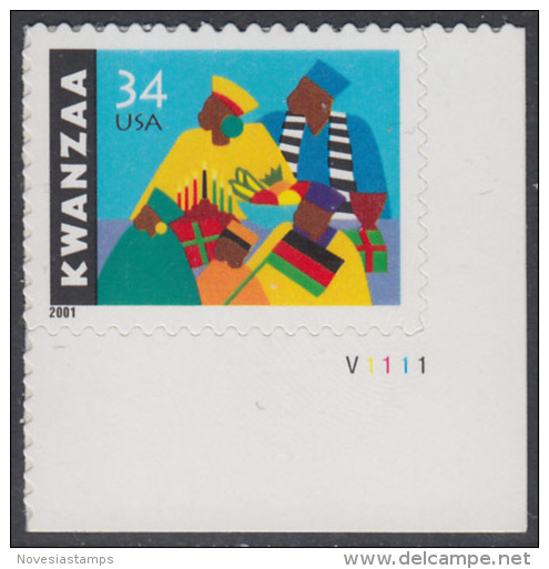 !a! USA Sc# 3548 MNH SINGLE From Lower Right Corner W/ Plate-# (LR/V11111) - Kwanzaa - Neufs