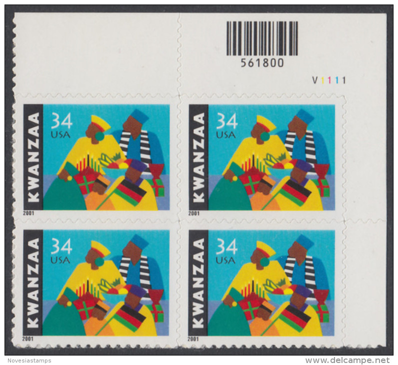 !a! USA Sc# 3548 MNH PLATEBLOCK (UR/V11111) - Kwanzaa - Nuovi