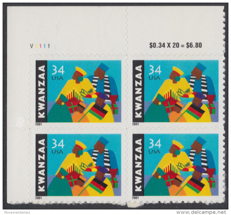 !a! USA Sc# 3548 MNH PLATEBLOCK (UL/V11111) - Kwanzaa - Neufs