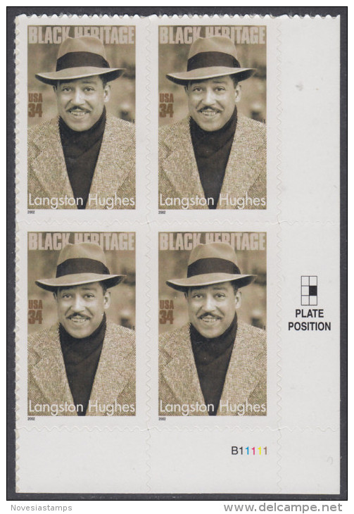 !a! USA Sc# 3557 MNH PLATEBLOCK (LR/B11111) - Black Heritage: Langston Hughes - Nuovi