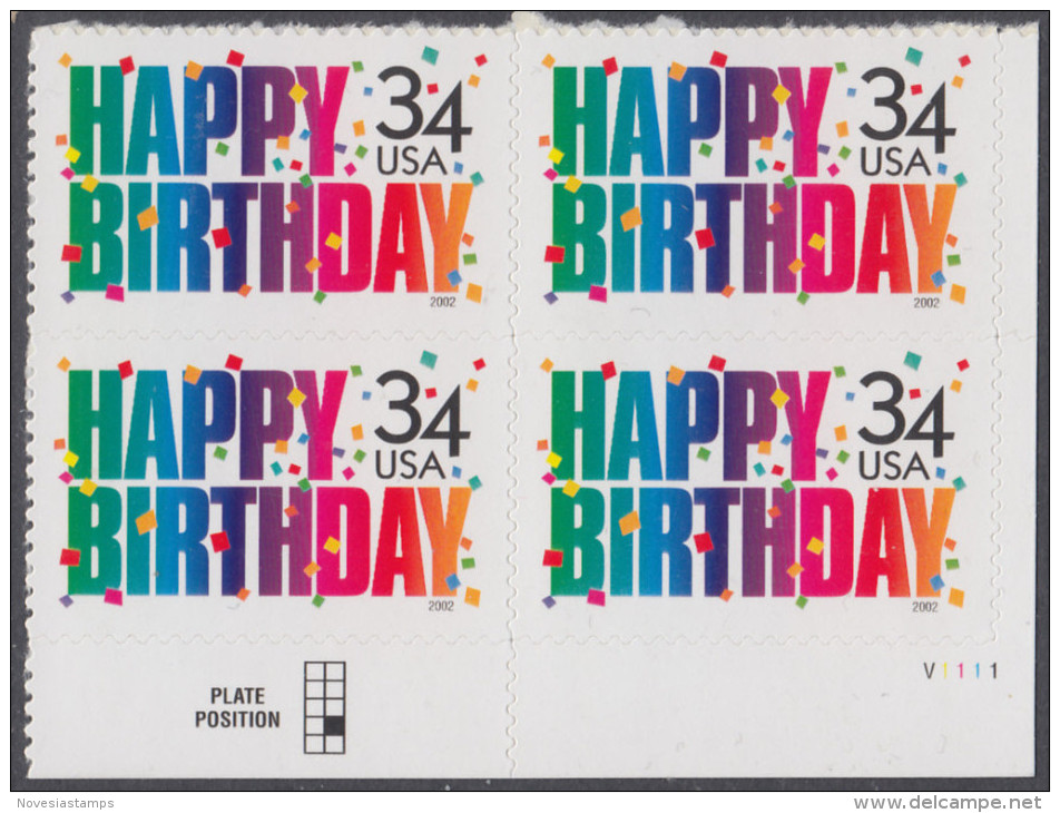 !a! USA Sc# 3558 MNH PLATEBLOCK (LR/V1111) - Happy Birthday - Nuovi