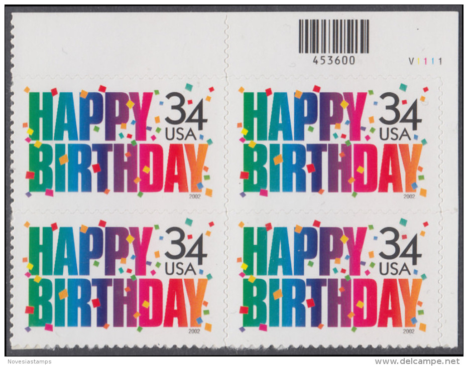 !a! USA Sc# 3558 MNH PLATEBLOCK (UR/V1111) - Happy Birthday - Neufs