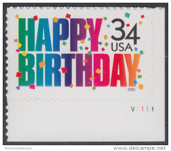 !a! USA Sc# 3558 MNH SINGLE From Lower Right Corner W/ Plate-# (LR/V1111) - Happy Birthday - Ungebraucht