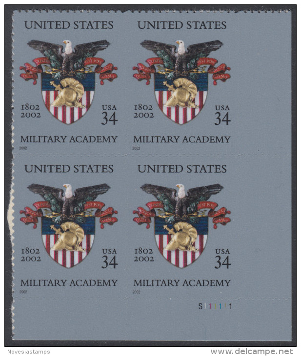 !a! USA Sc# 3560 MNH PLATEBLOCK (LR/S111111) - Military Academy - Ungebraucht