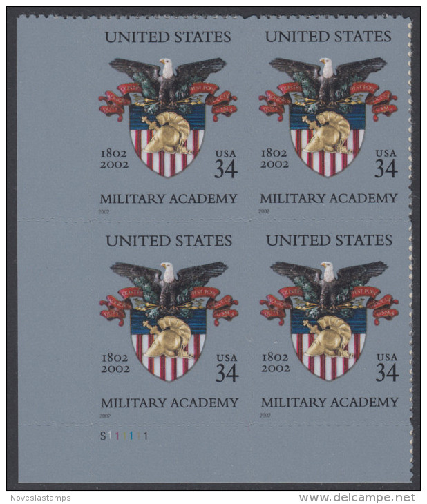 !a! USA Sc# 3560 MNH PLATEBLOCK (LL/S111111) - Military Academy - Ungebraucht