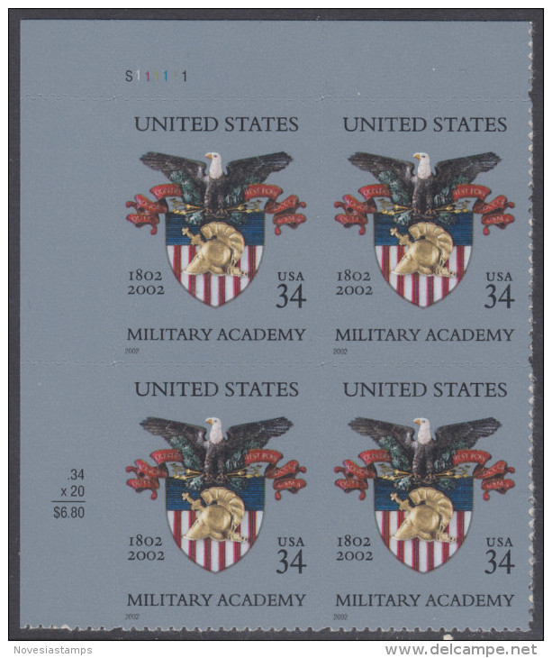 !a! USA Sc# 3560 MNH PLATEBLOCK (UL/S111111) - Military Academy - Ungebraucht