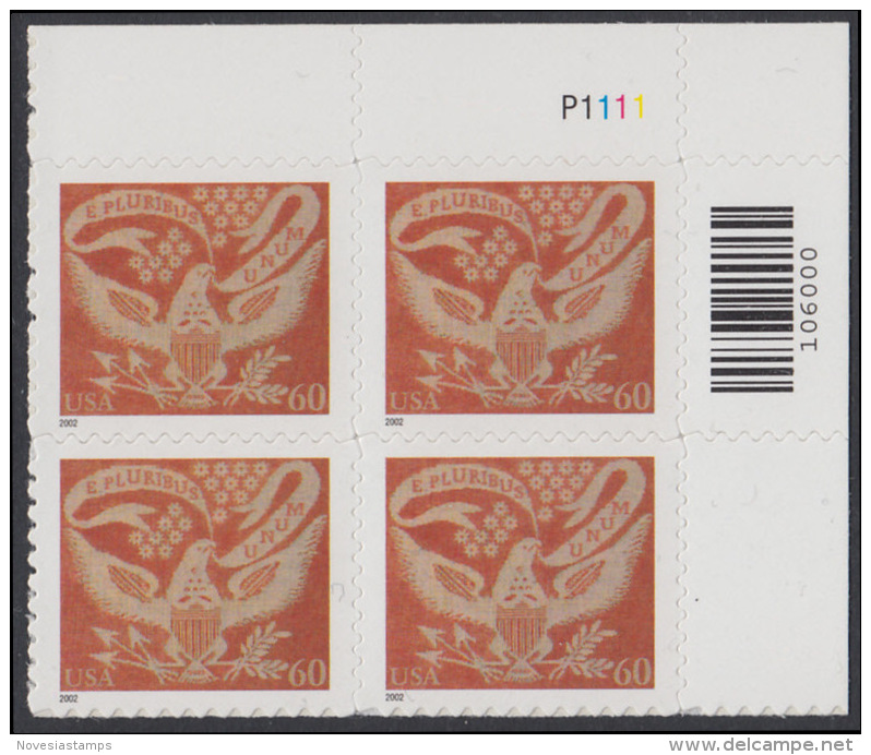 !a! USA Sc# 3646 MNH PLATEBLOCK (UR/P1111) - Coverlet Eagle - Ungebraucht