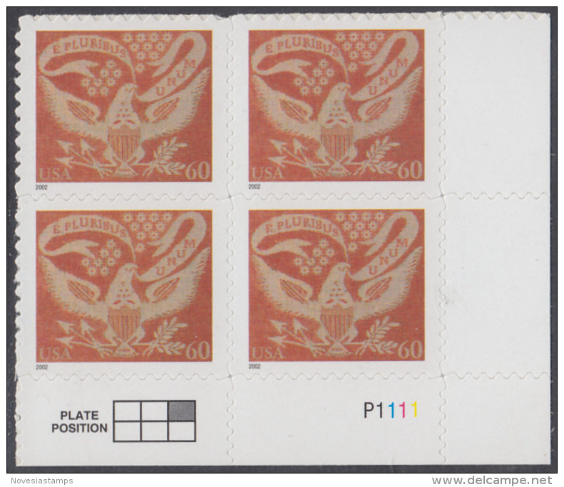 !a! USA Sc# 3646 MNH PLATEBLOCK (LR/P1111/a) - Coverlet Eagle - Neufs