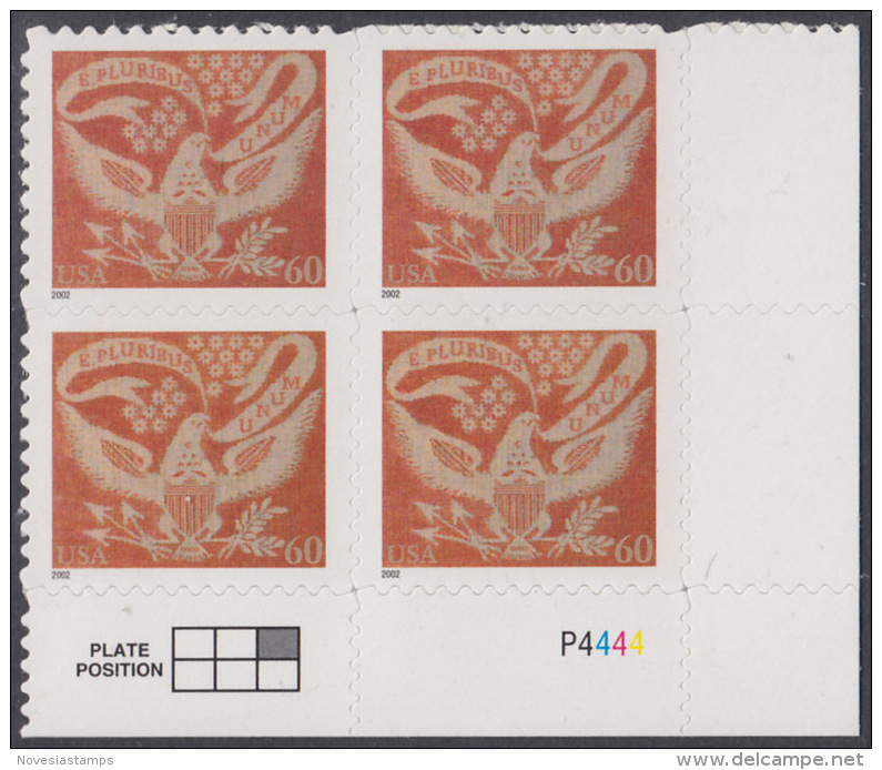 !a! USA Sc# 3646 MNH PLATEBLOCK (LR/P4444/b) - Coverlet Eagle - Neufs