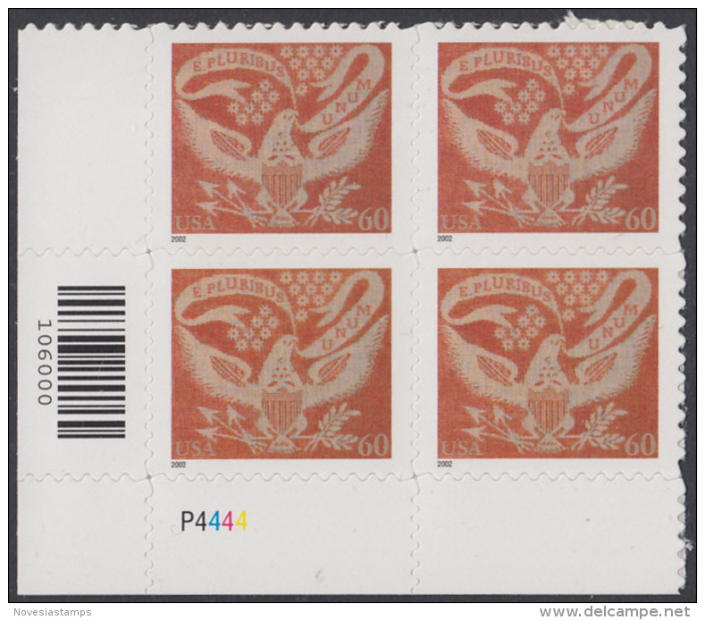 !a! USA Sc# 3646 MNH PLATEBLOCK (LL/P4444/c) - Coverlet Eagle - Unused Stamps