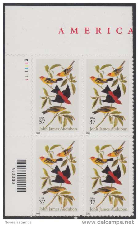 !a! USA Sc# 3650 MNH PLATEBLOCK (UL/S1111111) - John James Audubon - Unused Stamps