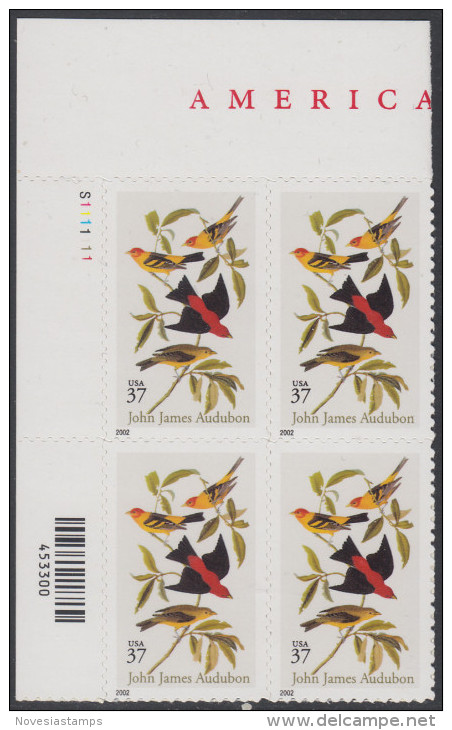 !a! USA Sc# 3650 MNH PLATEBLOCK (UL/S1111111) - John James Audubon - Ungebraucht