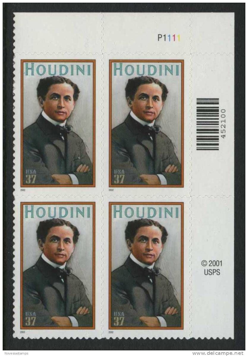 !a! USA Sc# 3651 MNH PLATEBLOCK (UR/P1111) - Harry Houdini - Nuevos