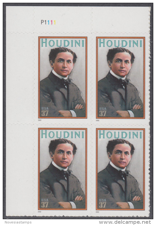 !a! USA Sc# 3651 MNH PLATEBLOCK (UL/P1111) - Harry Houdini - Unused Stamps