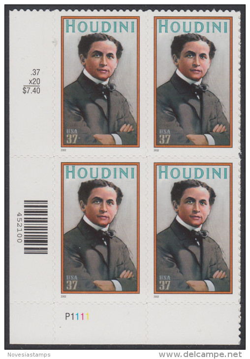 !a! USA Sc# 3651 MNH PLATEBLOCK (LL/P1111) - Harry Houdini - Nuevos