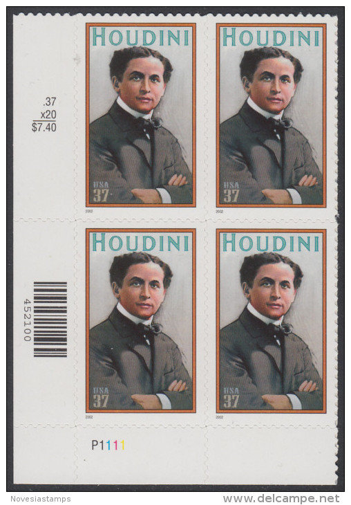 !a! USA Sc# 3651 MNH PLATEBLOCK (LL/P1111) - Harry Houdini - Ungebraucht