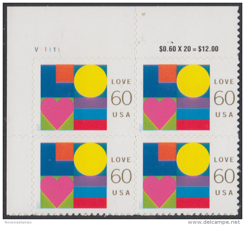 !a! USA Sc# 3658 MNH PLATEBLOCK (UL/V11111) - Love - Unused Stamps