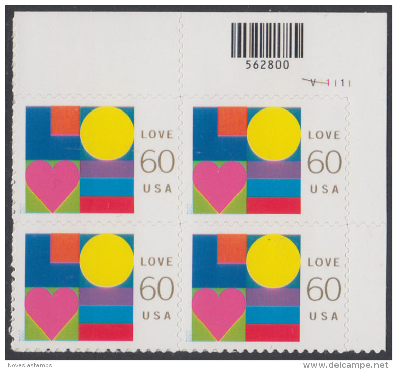 !a! USA Sc# 3658 MNH PLATEBLOCK (UR/V11111) - Love - Ungebraucht