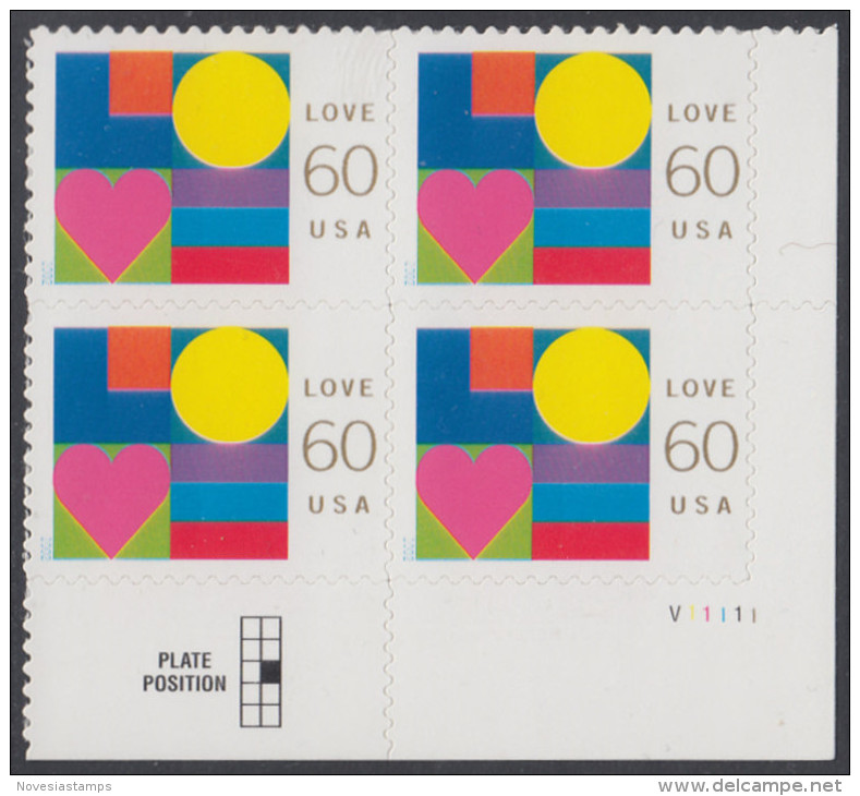 !a! USA Sc# 3658 MNH PLATEBLOCK (LR/V11111) - Love - Unused Stamps
