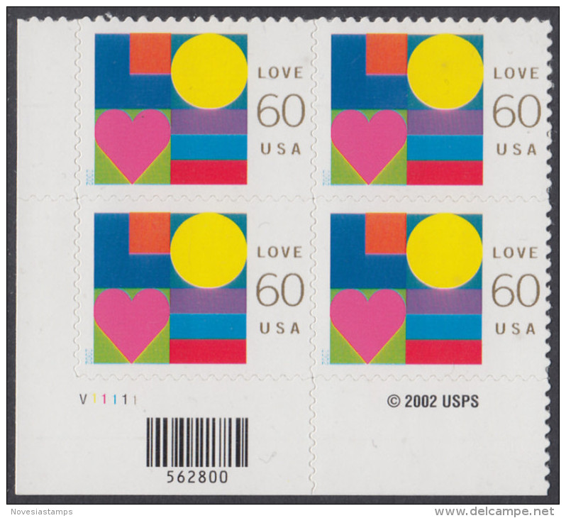 !a! USA Sc# 3658 MNH PLATEBLOCK (LL/V11111) - Love - Ungebraucht