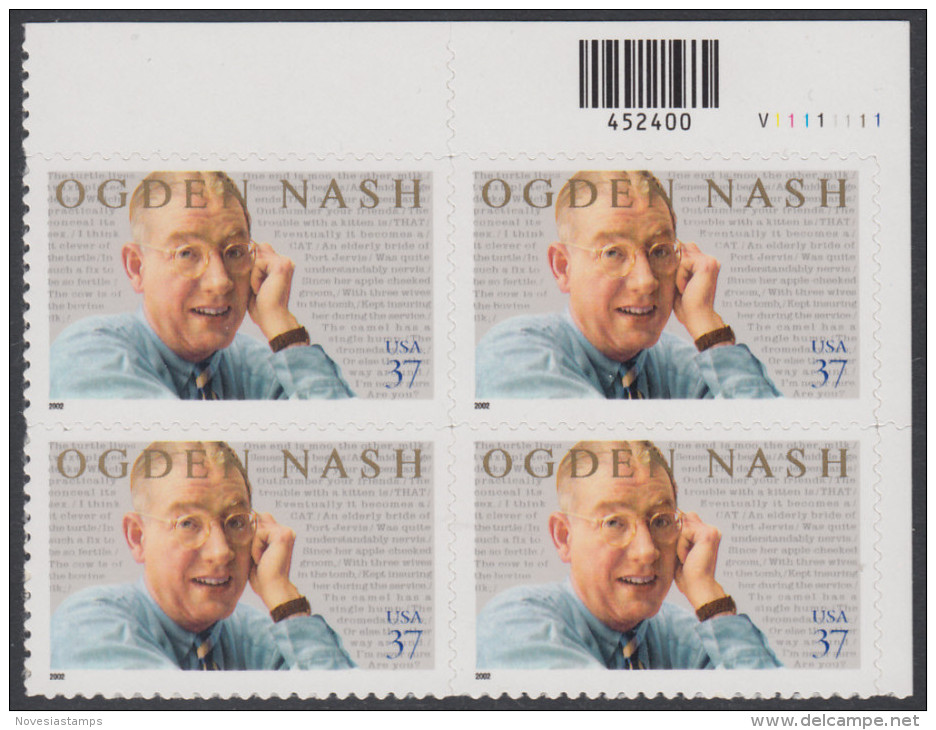 !a! USA Sc# 3659 MNH PLATEBLOCK (UR/V1111111) - Nash And Poems - Neufs