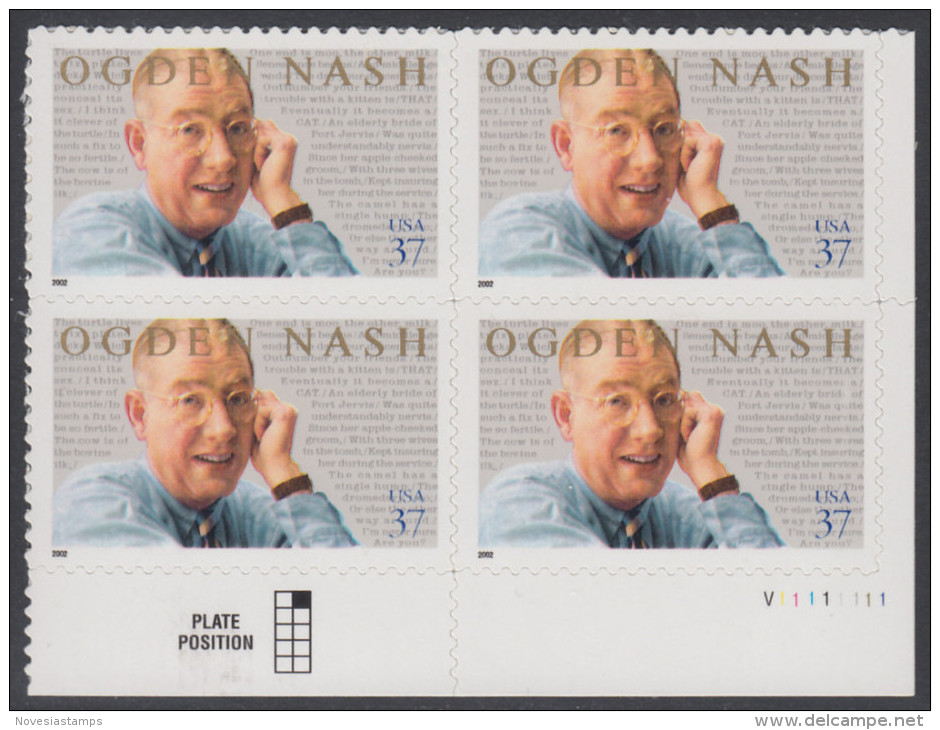 !a! USA Sc# 3659 MNH PLATEBLOCK (LR/V1111111) - Nash And Poems - Nuevos