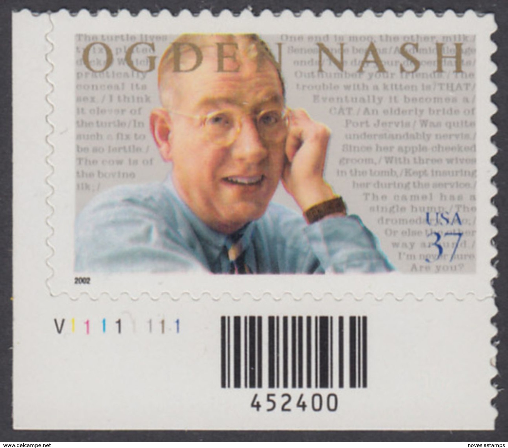 !a! USA Sc# 3659 MNH SINGLE From Lower Left Corner W/ Plate-# (LL/V1111111) - Nash And Poems - Neufs