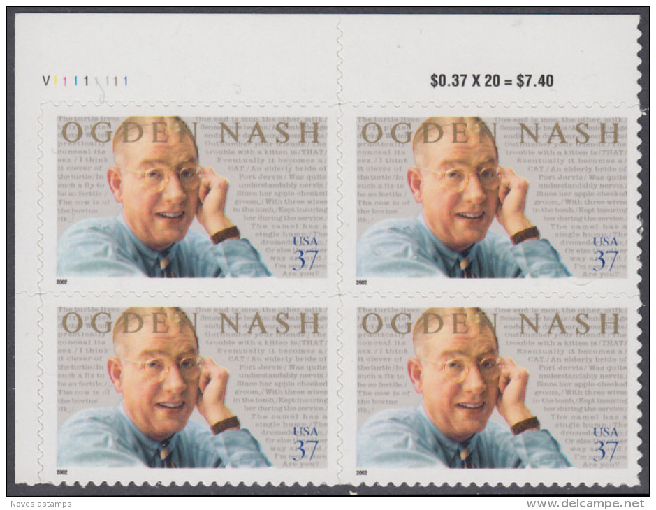 !a! USA Sc# 3659 MNH PLATEBLOCK (UL/V1111111) - Nash And Poems - Unused Stamps